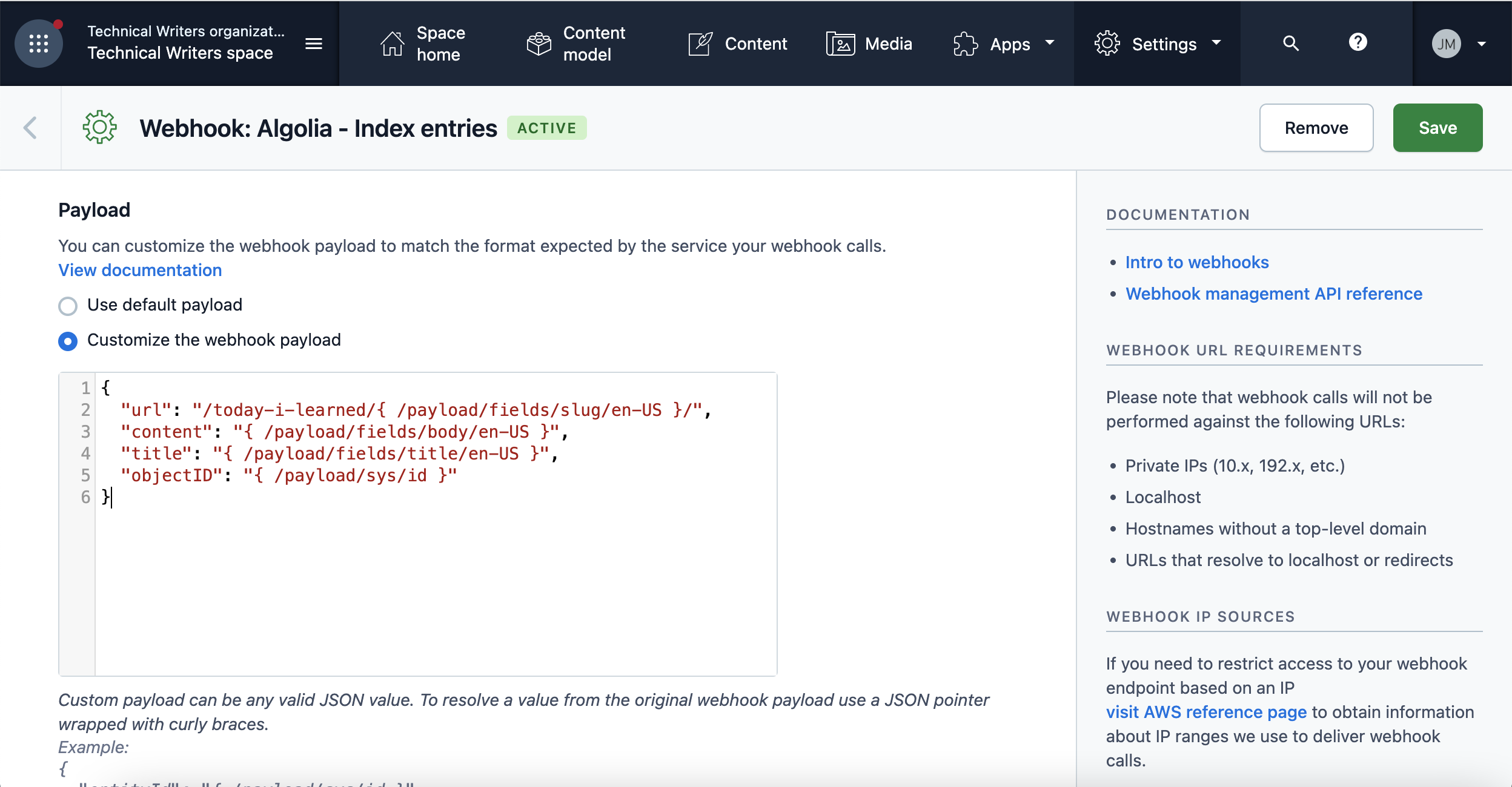 Custom Contentful webhook payload using JSON pointers