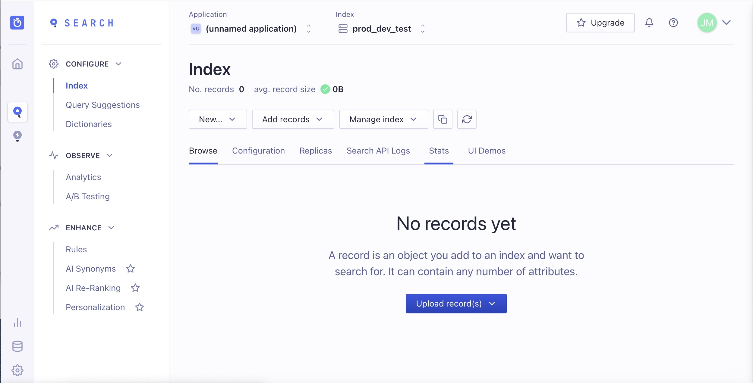 Algolia interface showing options to import data