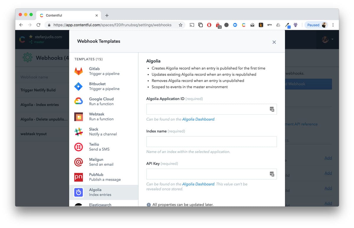 Algolia webhook template in Contentful interface