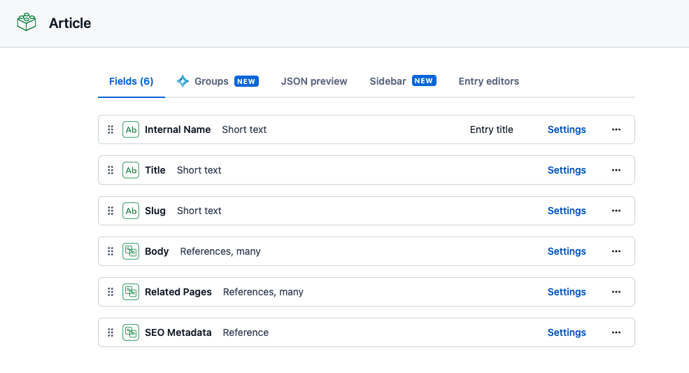 Example field structure of a page type