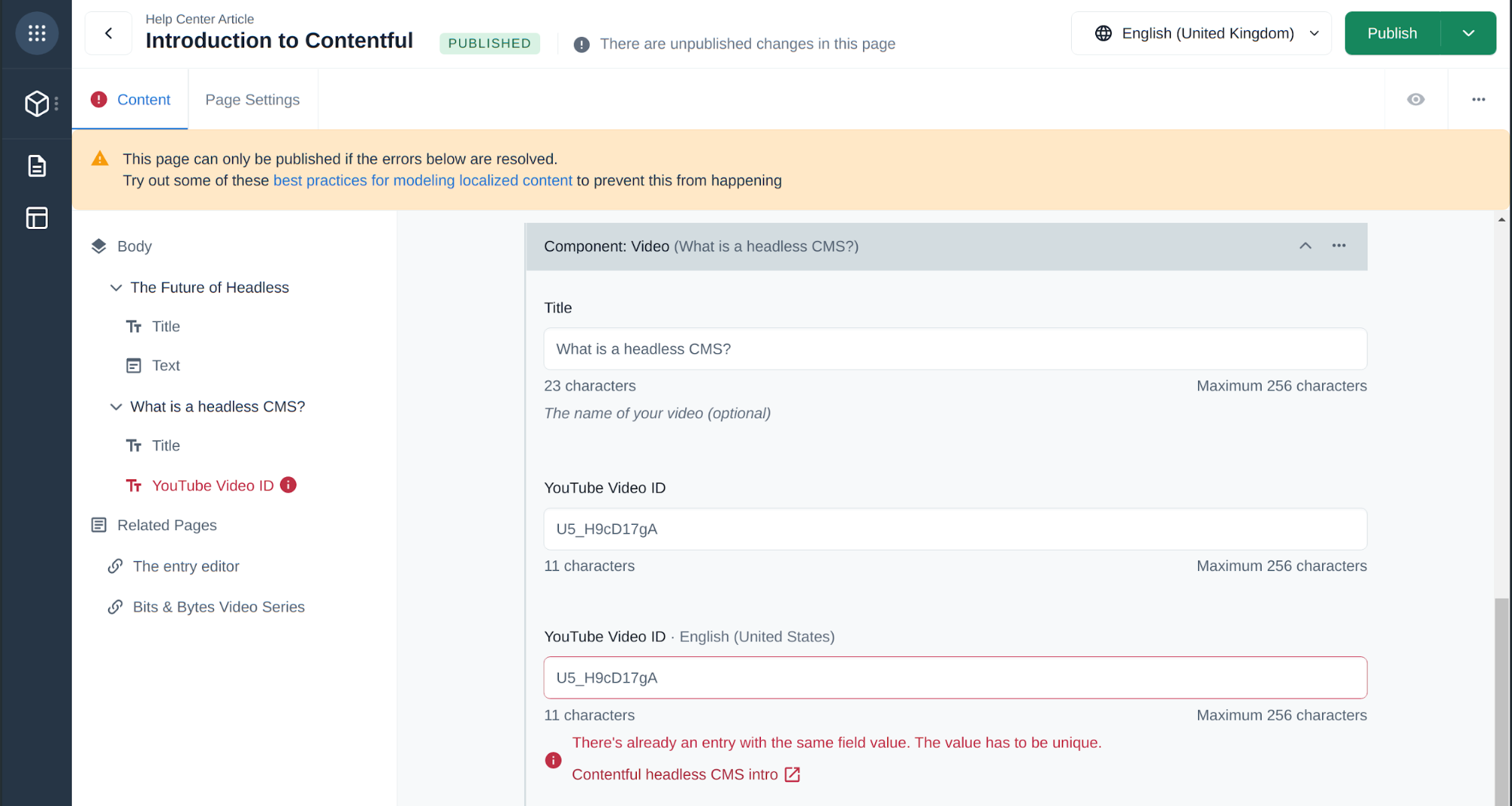 Compose page editor validation error