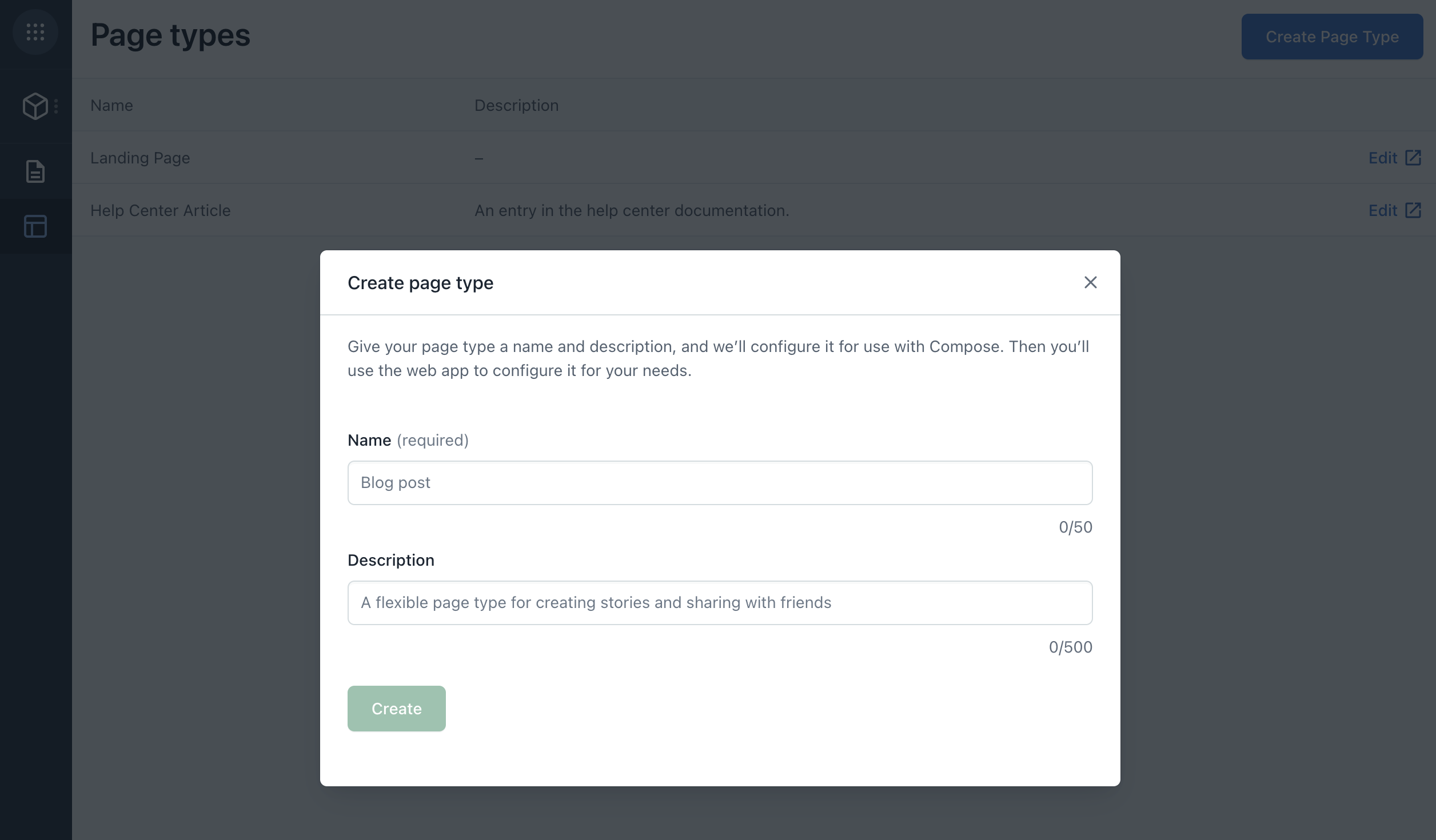 Compose modal create page type