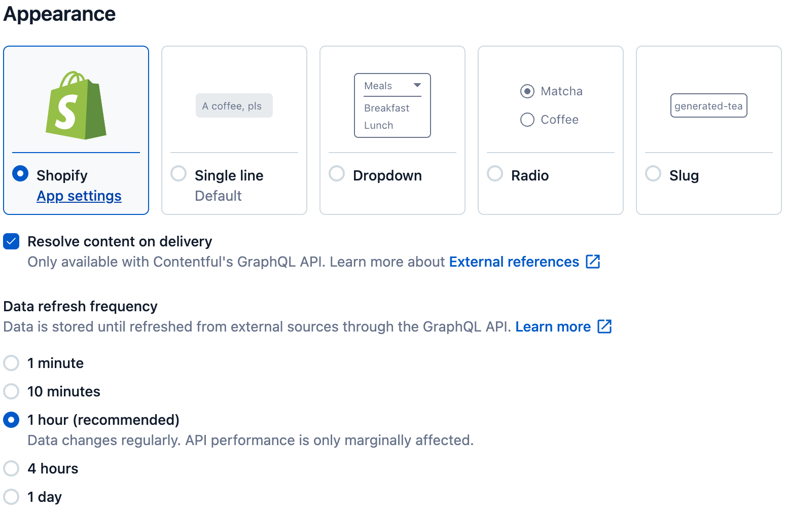 Content type field Appearance settings