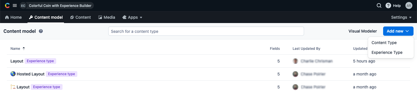 Experience builder add experience type