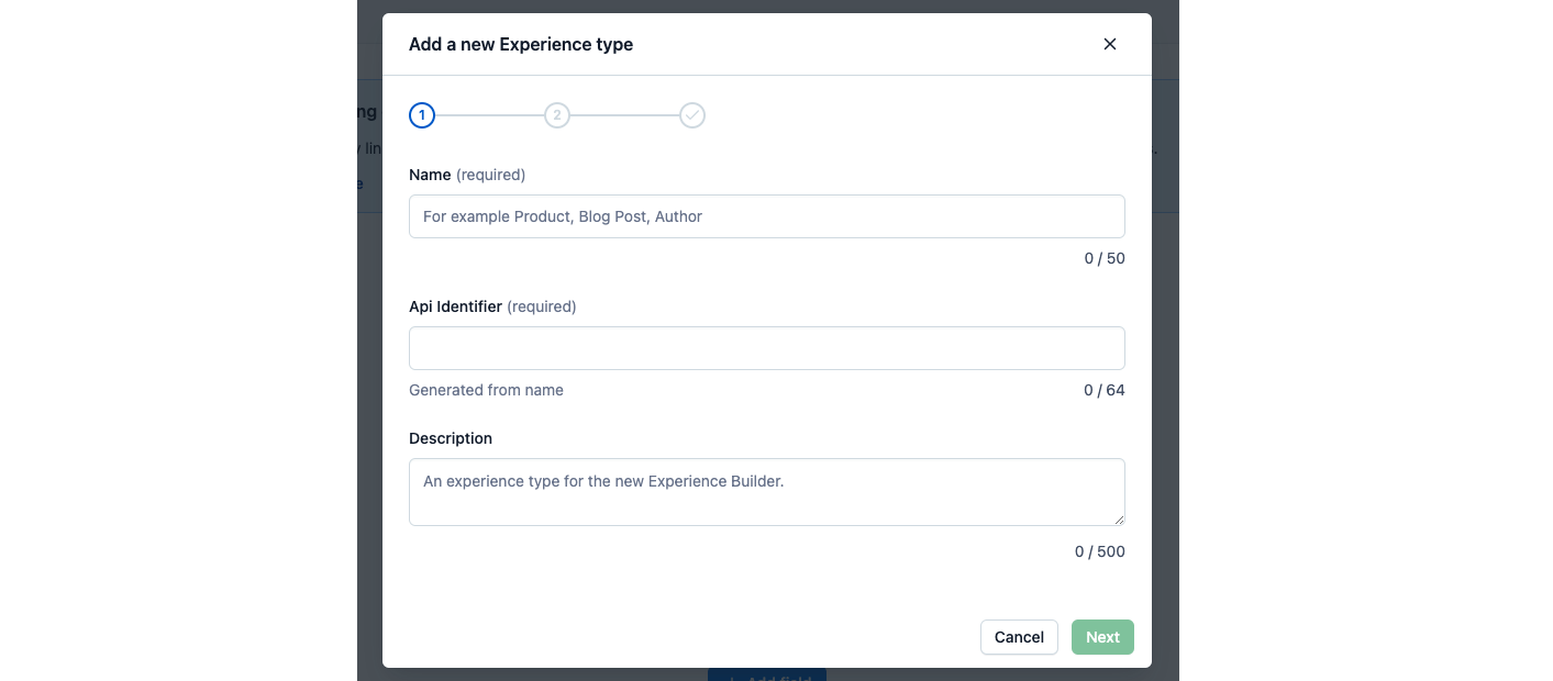 Experience builder experience type name