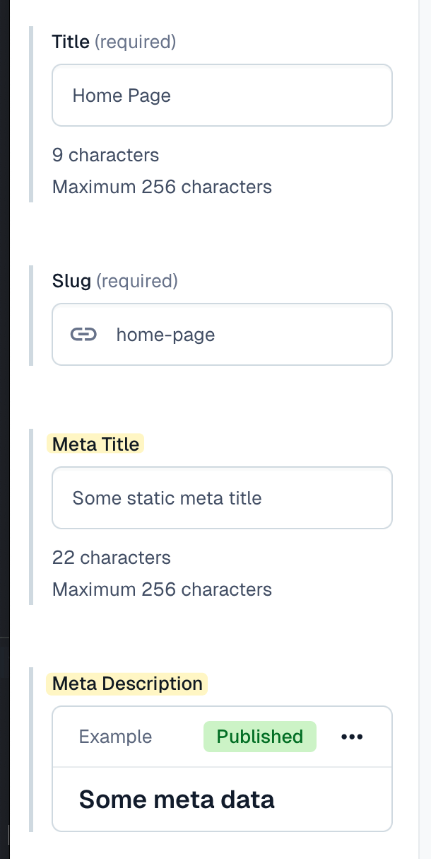 Content model fields in editor view with example values