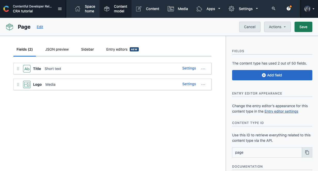 "Page" Content type defining a title and logo field