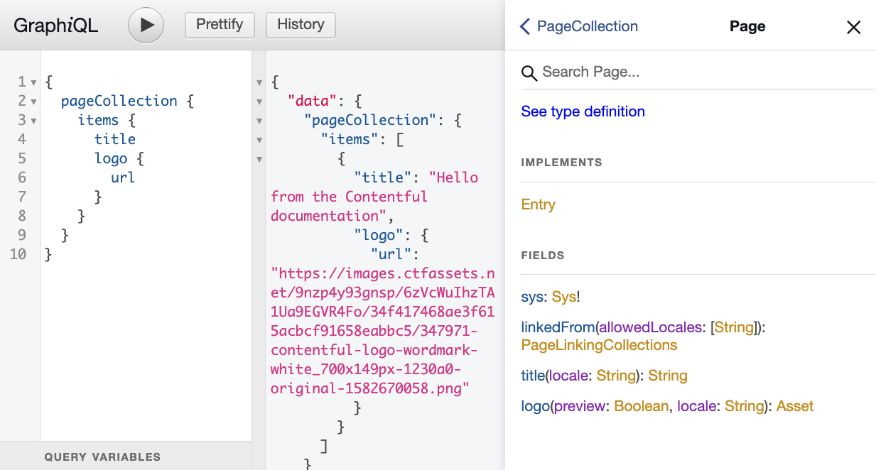 GraphiQL interface showing the documentation and a possible GraphQL query