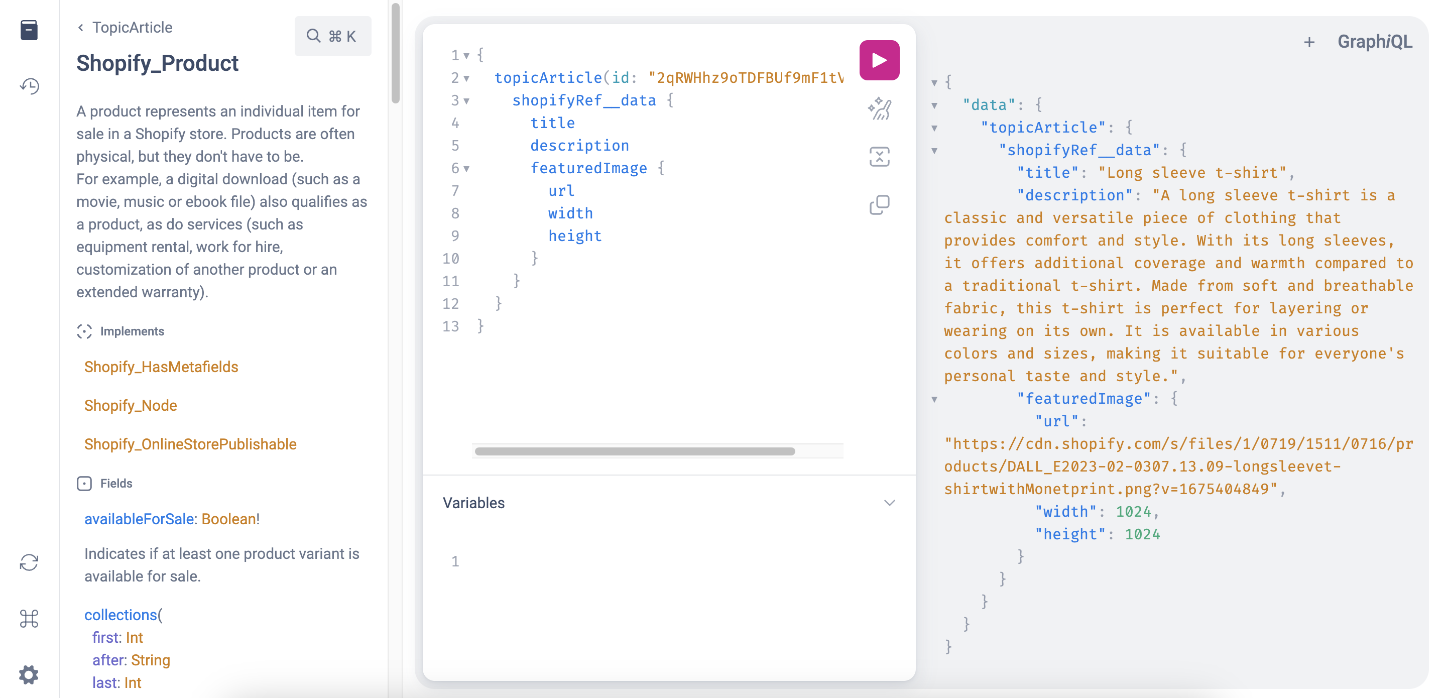 Screenshot of Graphiql interface with an example of querying fields inside third party reference