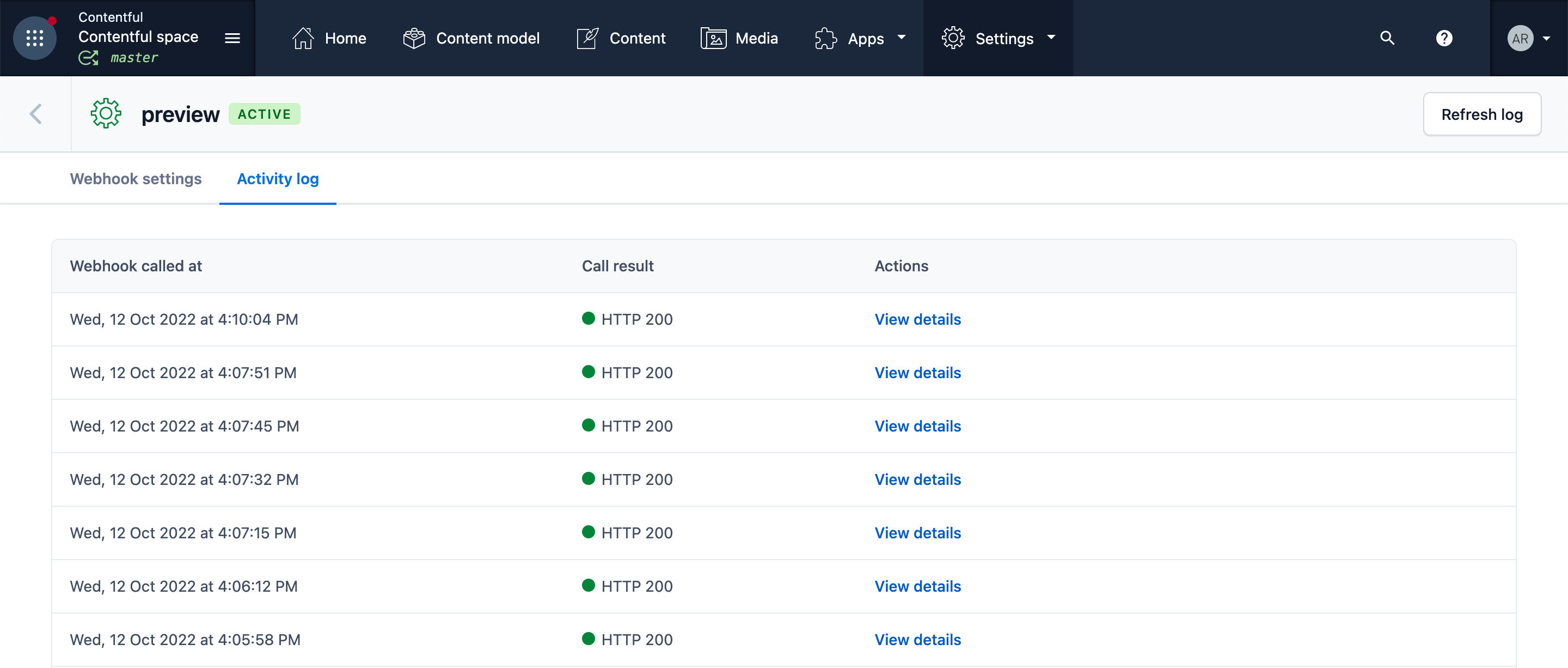 Activity log for webhooks