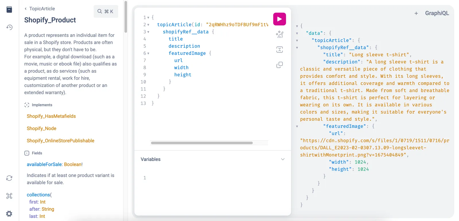 Screenshot of Graphiql interface with an example of querying fields inside third party reference