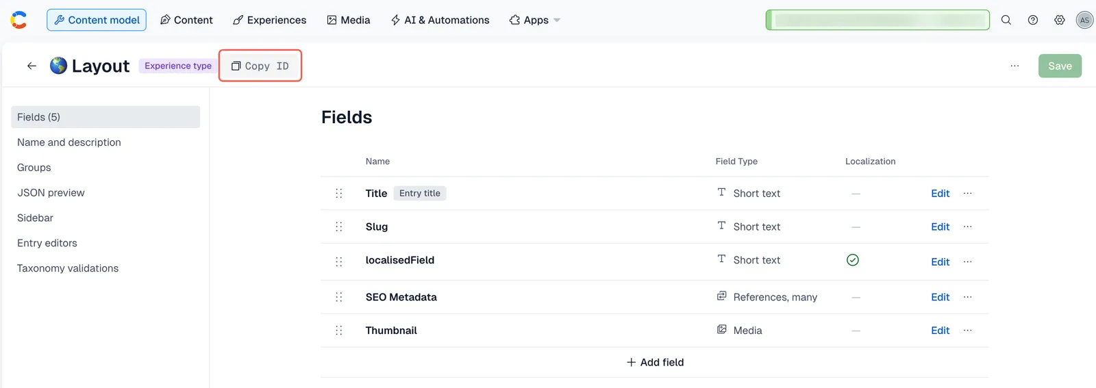 The Copy ID button for Experiences